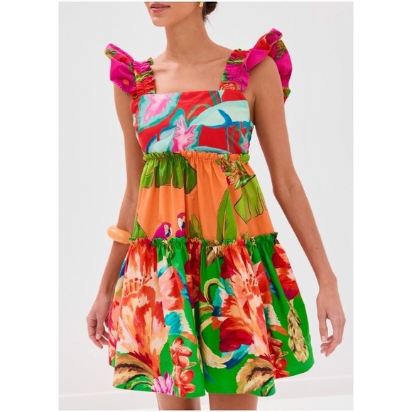 FARM Rio Dresses & Skirts - Farm Rio Foliage Mix Mini Dress Tropical Floral Ruffle Tiered Cotton XL $198 NWT